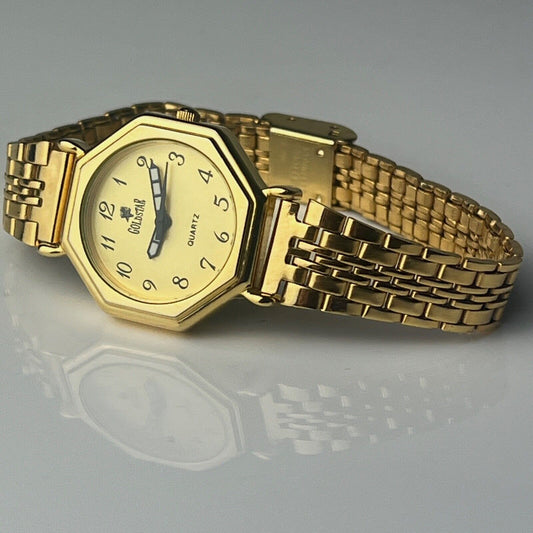 Womens 18K Gold Plated Watch 28mm Case Octagonal Case New Battery Excellent Cond