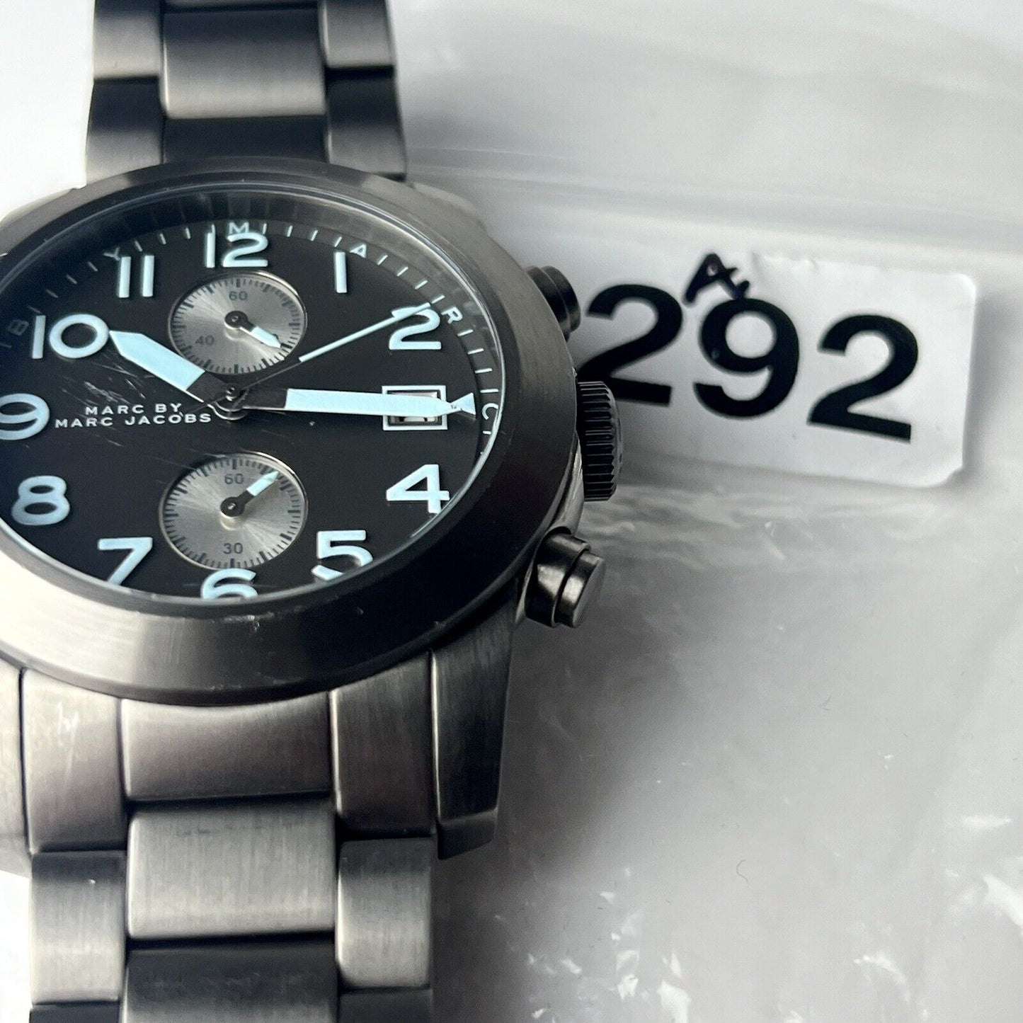 Marc Jacobs Chronograph Date Watch Gun Metal Bracelet Luminous Blue Dial Matching Indices 46mm Case