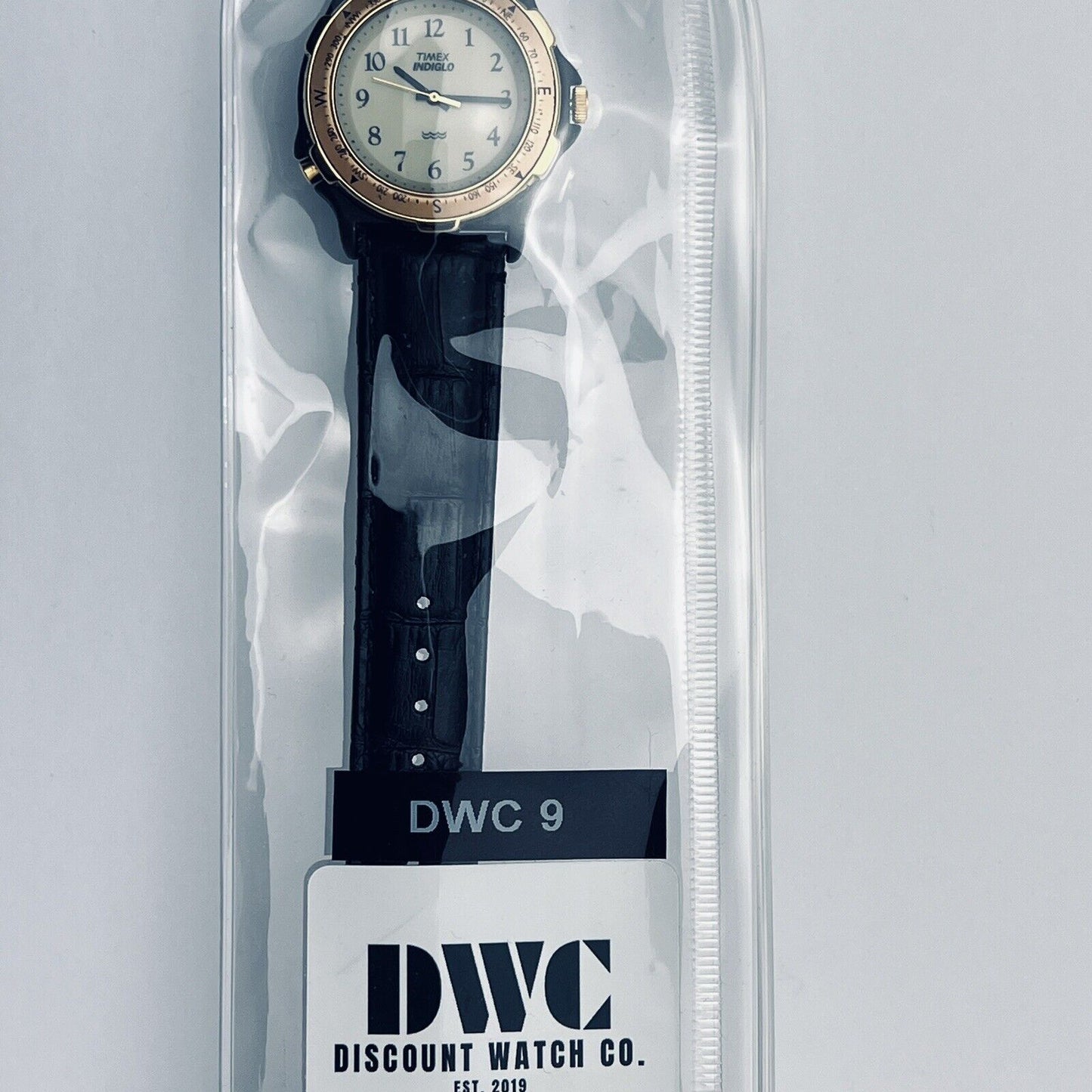 Vintage Timex Indiglo Compass Watch Black 40mm Case New Barton Embossed Leather Straps Golden Rotating Bezel