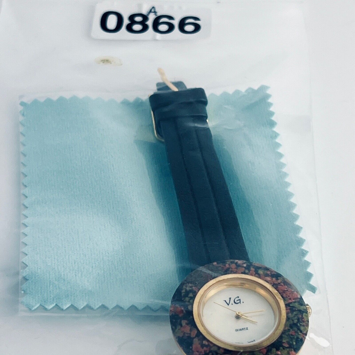 Vintage Women’s Watch Hand Painted Bezel Mother of Pearl Dial Black Leather Bands