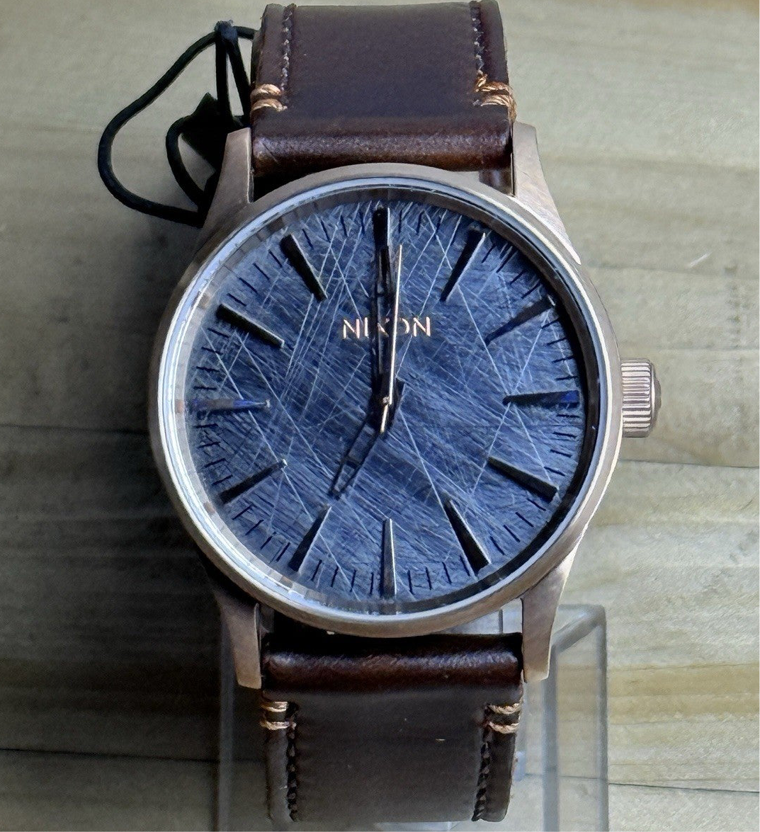 NIXON Mens Watch Sentry 38mm Rose Gold Case Brown Leather Straps Distressed Dial