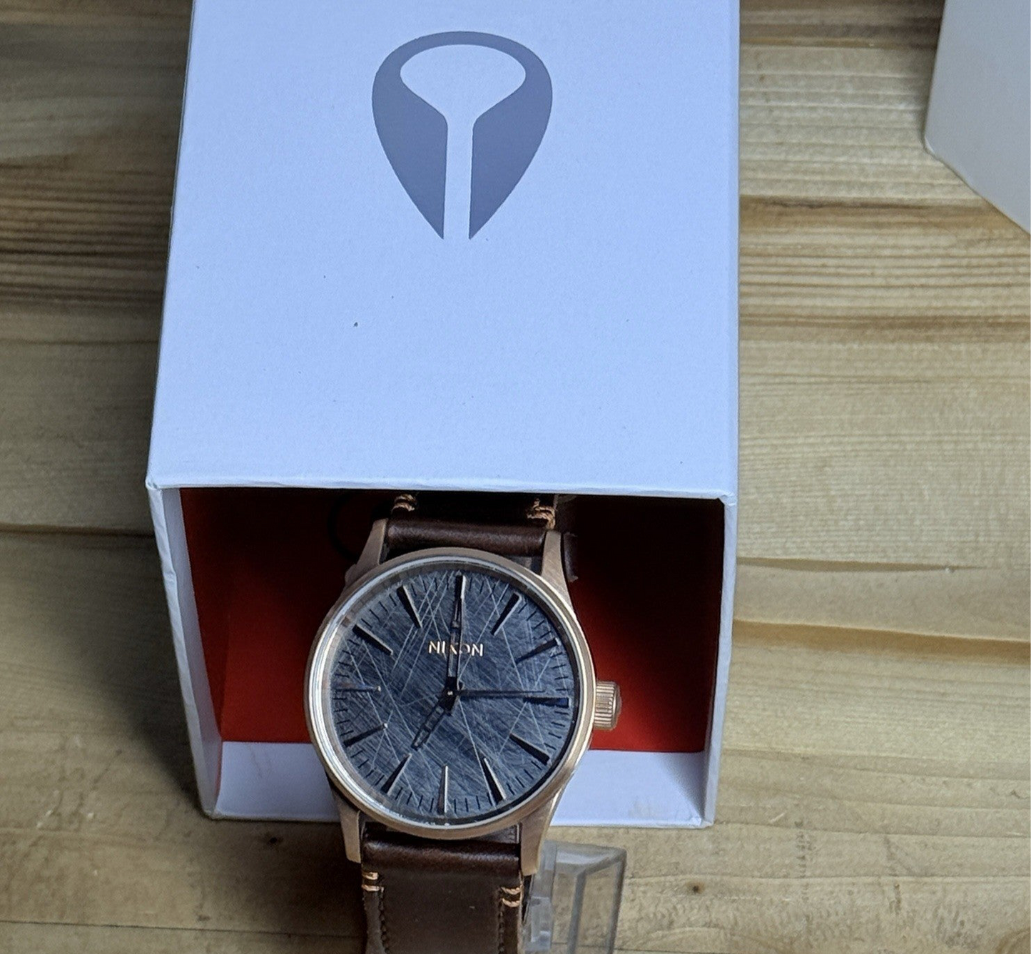 NIXON Mens Watch Sentry 38mm Rose Gold Case Brown Leather Straps Distressed Dial