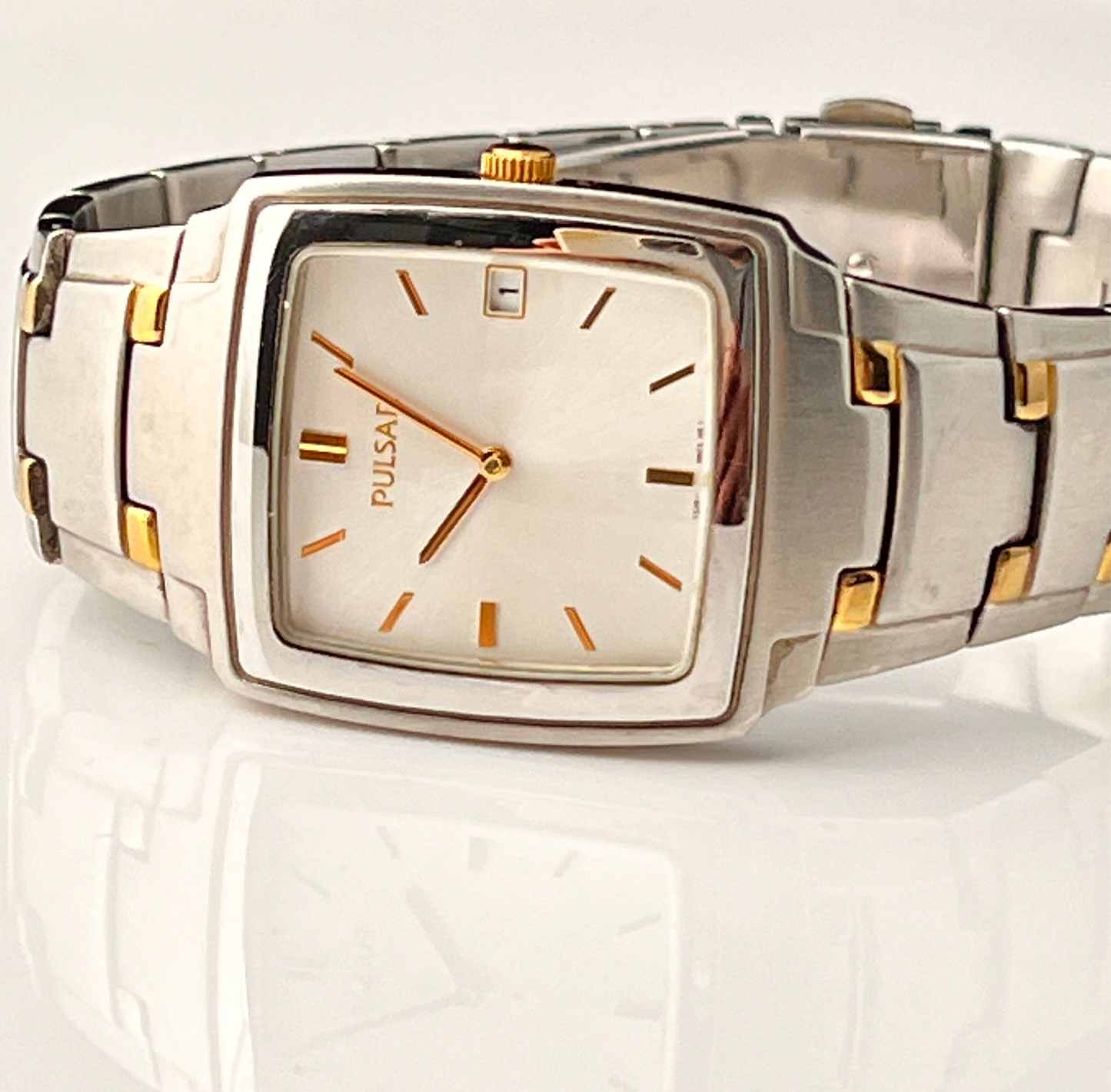 Seiko Pulsar Mens Tank Watch Two Tone Bracelet New Battery