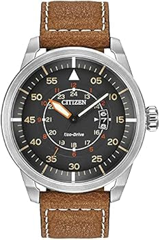 Citizen Eco Drive Men’s Watch Aviator 45mm Case Black Date Dial Brown Leather Straps- NEW