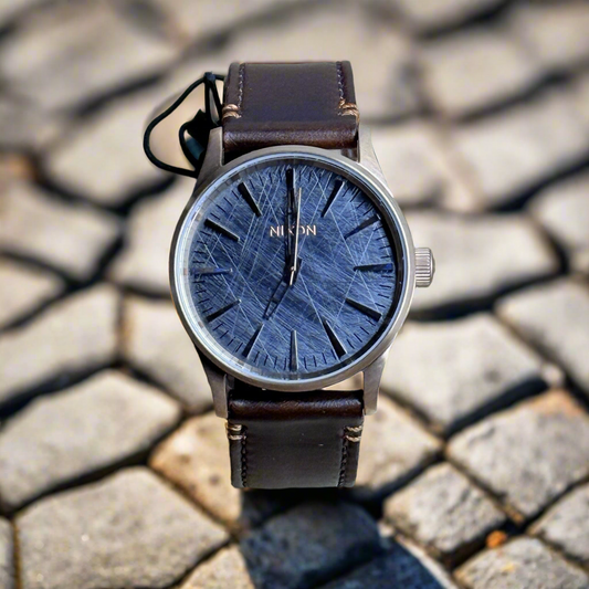 NIXON Mens Watch Sentry 38mm Rose Gold Case Brown Leather Straps Distressed Dial