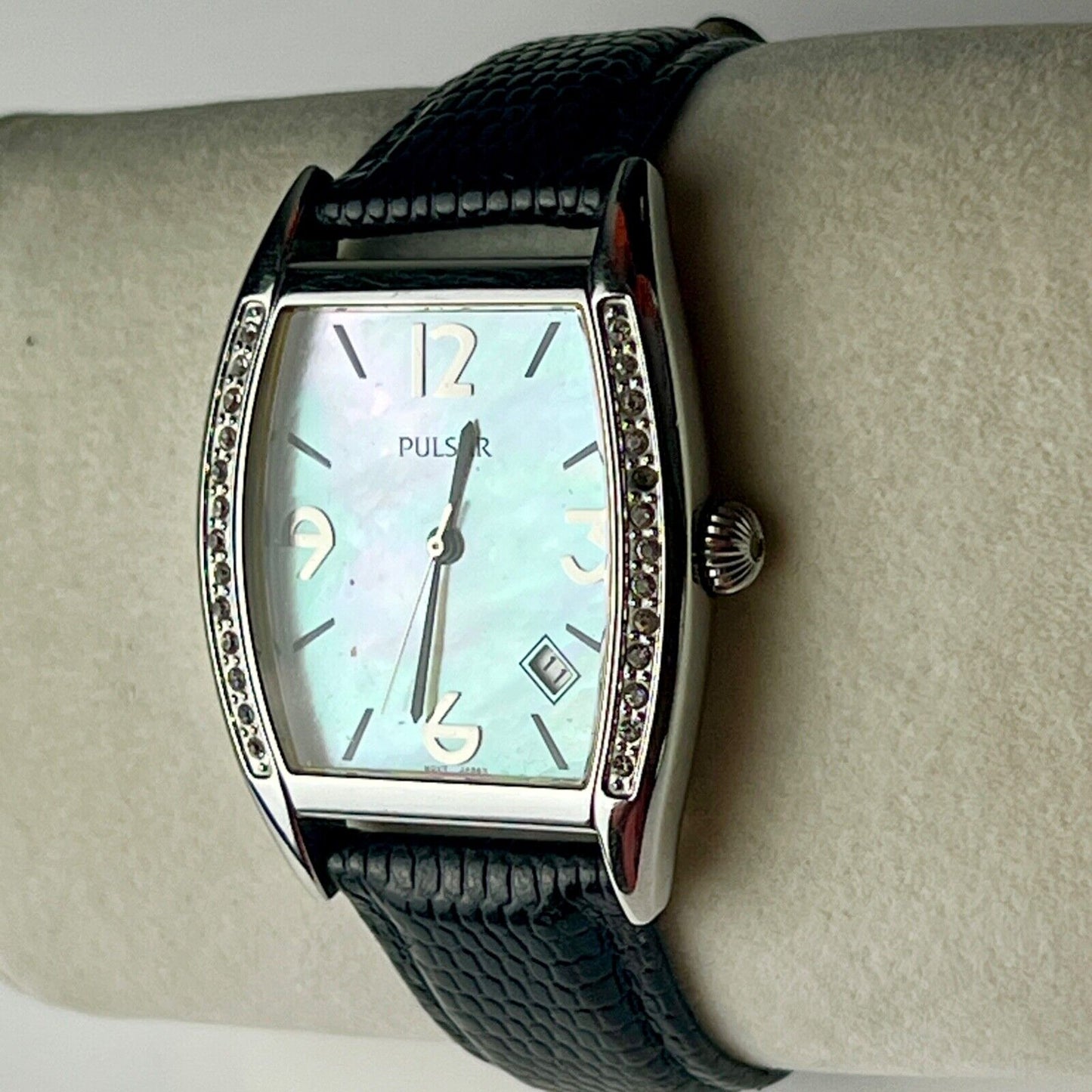 SEIKO Pulsar Watch Elegant Mother of Pearl Iridescent Dial Black Leather Bands 32mm Case New Battery