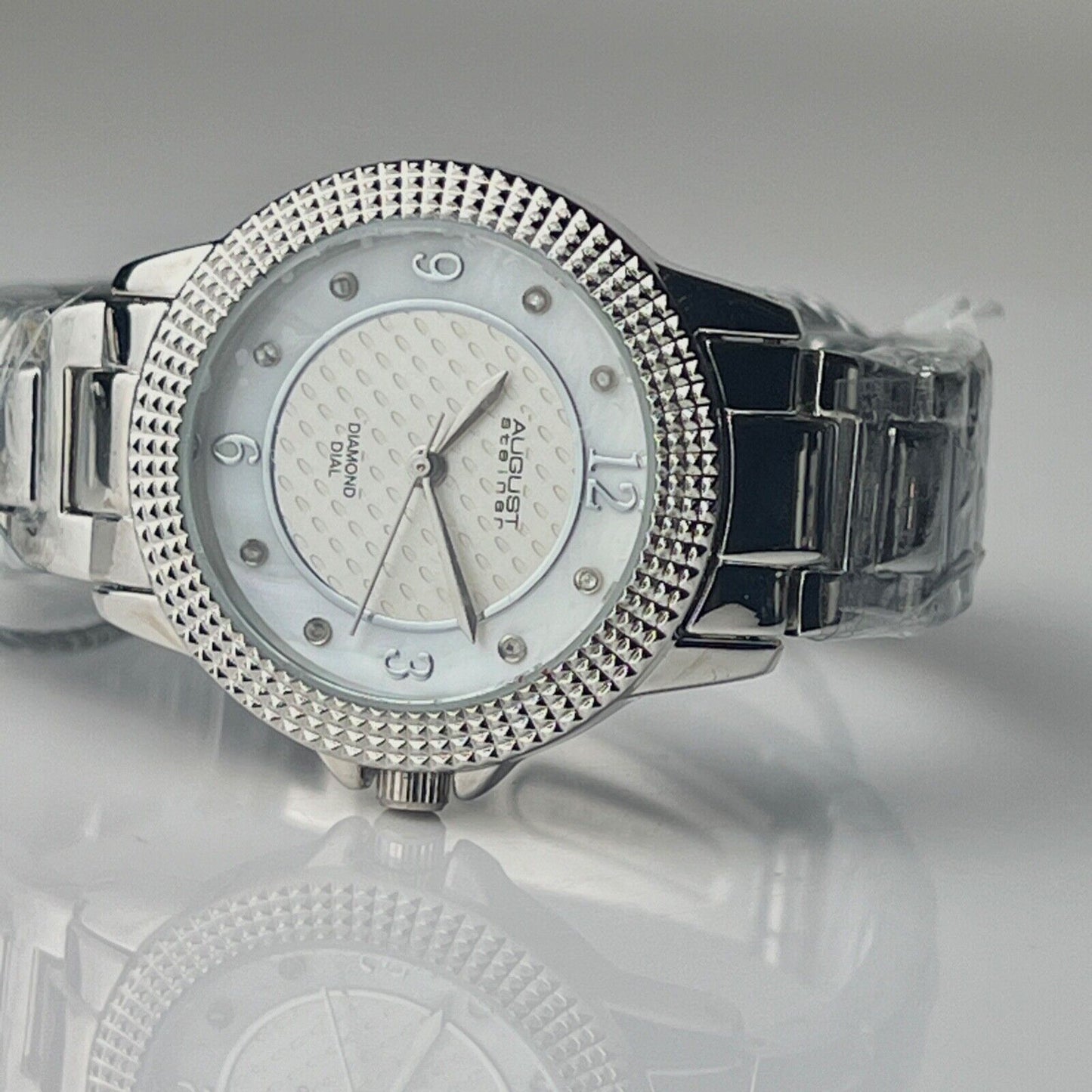 August Steiner Diamond Quartz Watch Mother of Pearl Dial Stud Beveled Bezel New