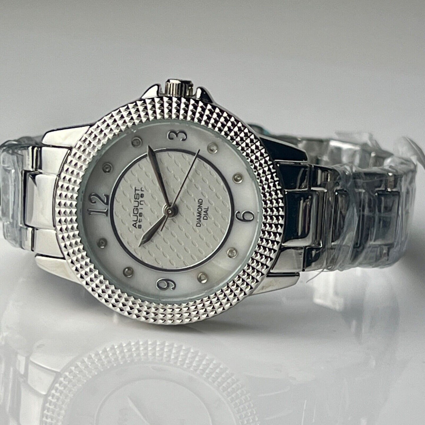 August Steiner Diamond Quartz Watch Mother of Pearl Dial Stud Beveled Bezel New