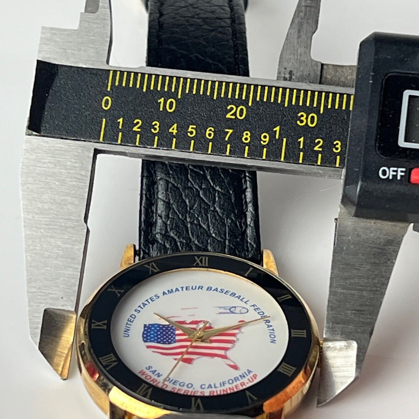 US Amateur Baseball Federation Vintage Watch Runners Up Prize Black Leather Straps Roman Bezel