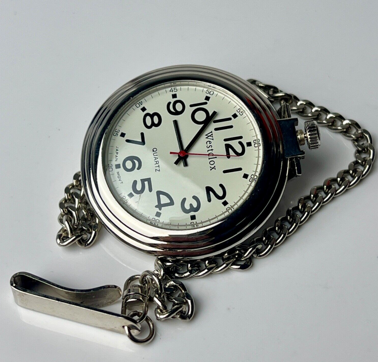 Westclox Vintage Pocket Watch and Chain Quartz Movement New Battery 46mm Case