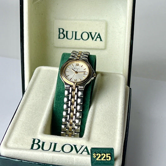 Vintage Bulova Date Watch Women's Two Tone Bracelet With Box Papers and a New Battery