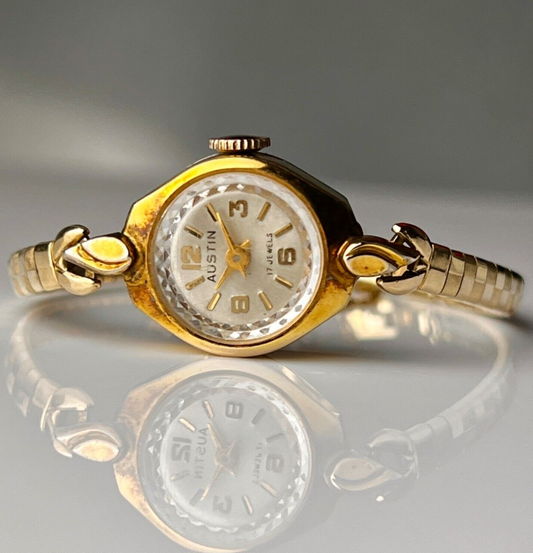 Austin Mechanical Womens Watch 17 Jewel 10K Gold Plated Bezel Diamond Cut Crystal