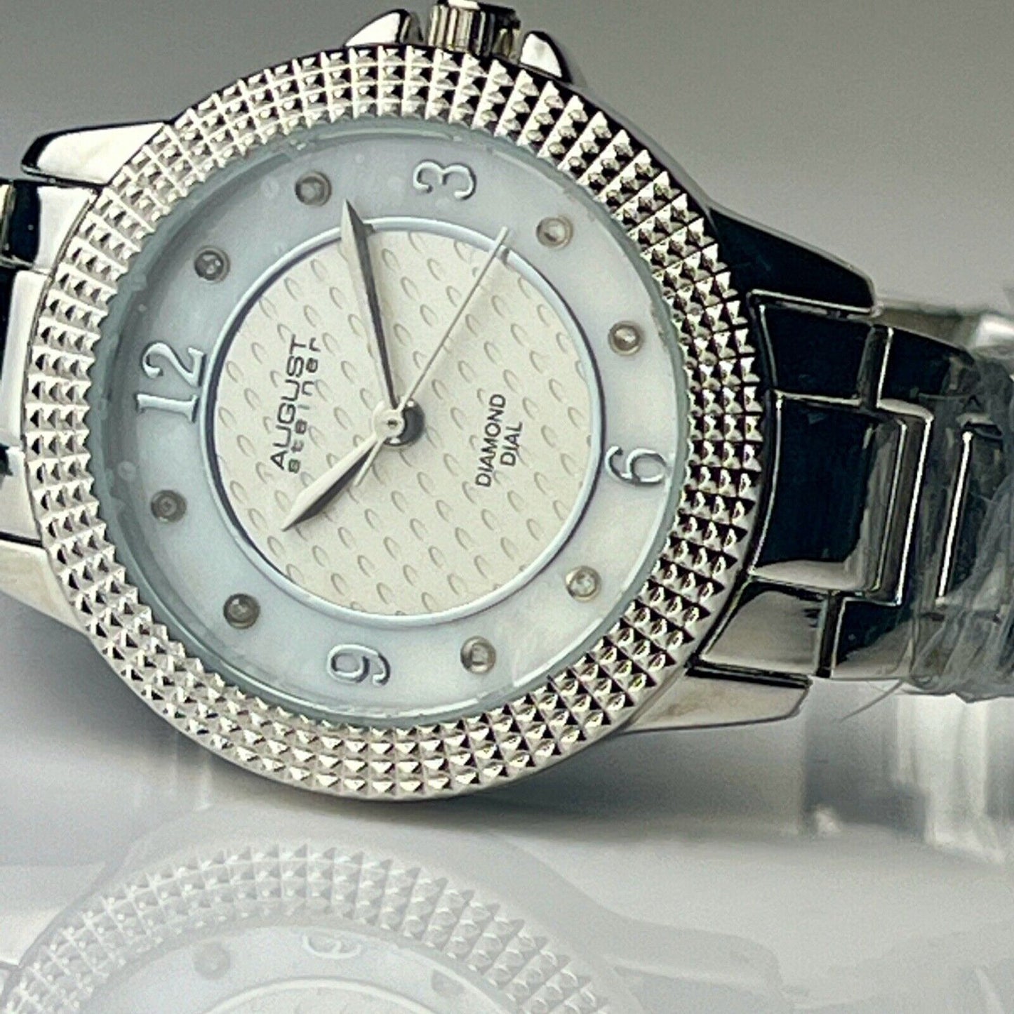 August Steiner Diamond Quartz Watch Mother of Pearl Dial Stud Beveled Bezel New