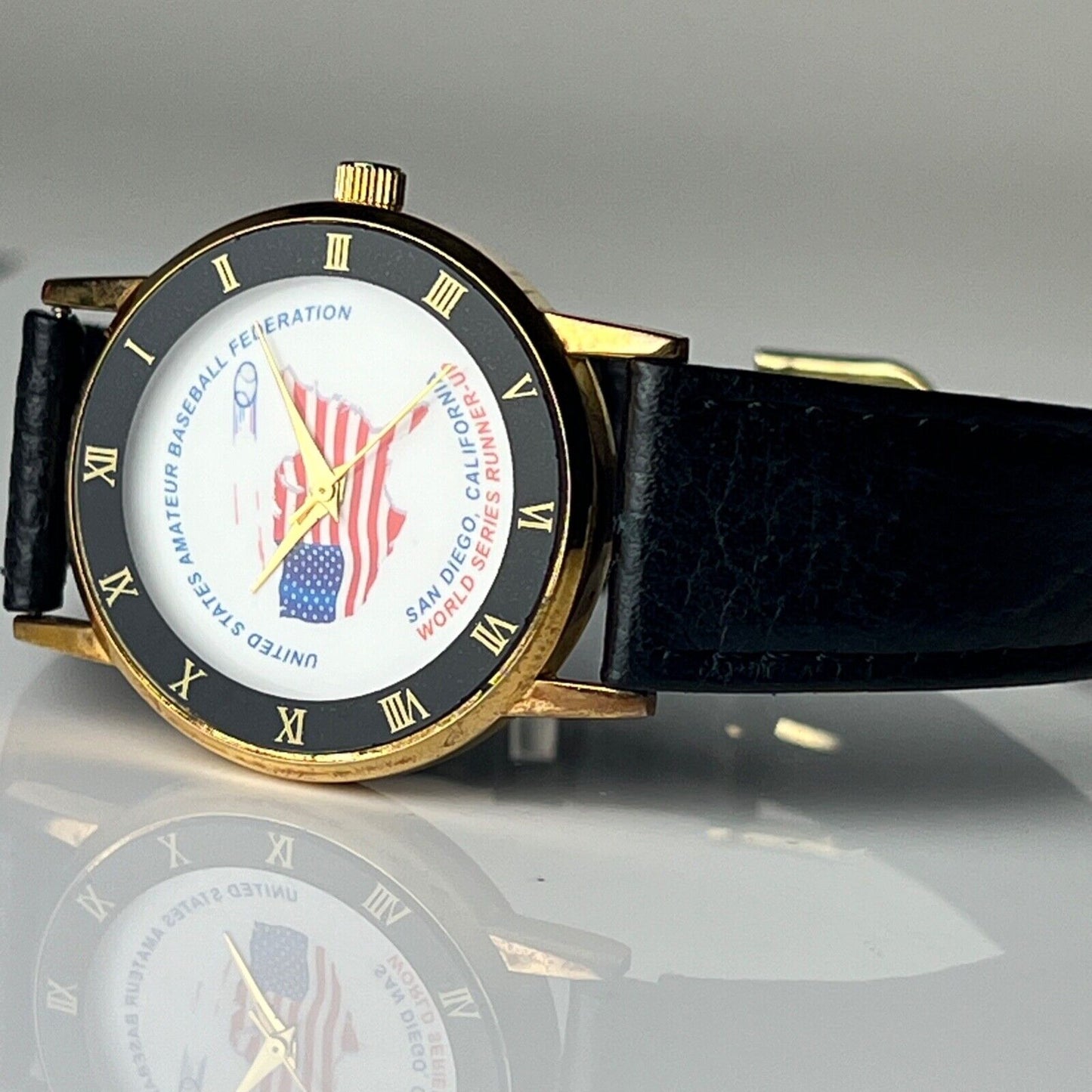 US Amateur Baseball Federation Vintage Watch Runners Up Prize Black Leather Straps Roman Bezel