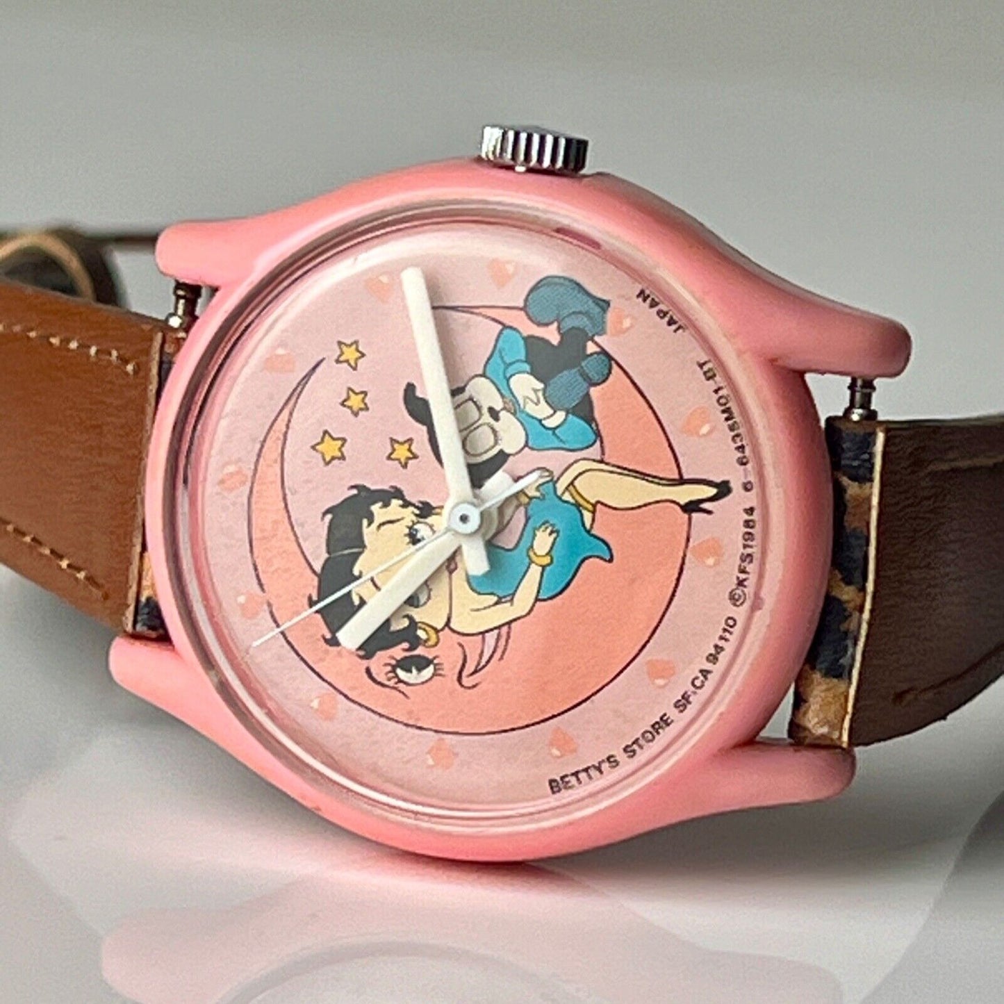 Vintage Betty Boop 1980s Women’s Watch Mechanical Movement Pink Case Cheetah Print Reversible Band