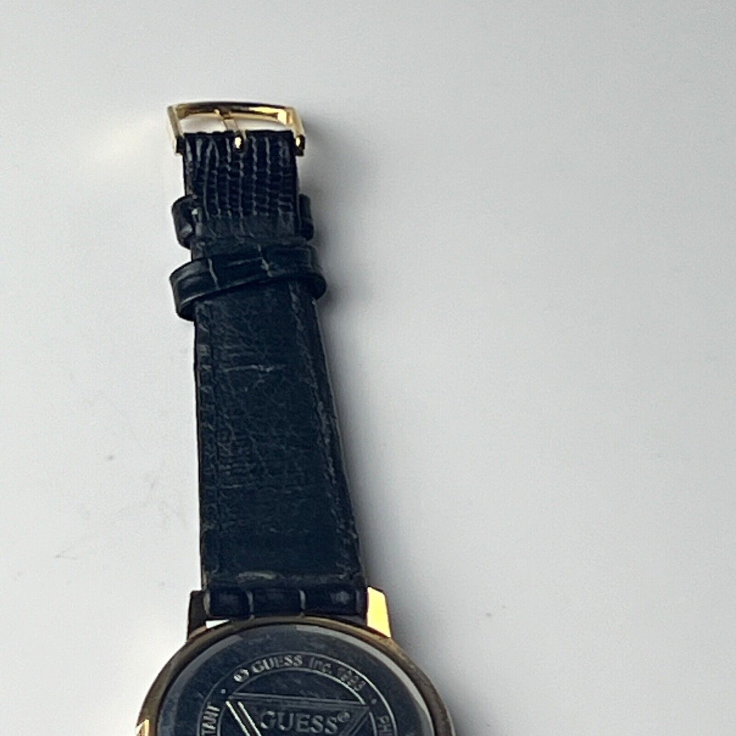 Vintage 1990s Guess Watch Unisex  Design Black Embossed Leather Bands Two Tone 34mm Case