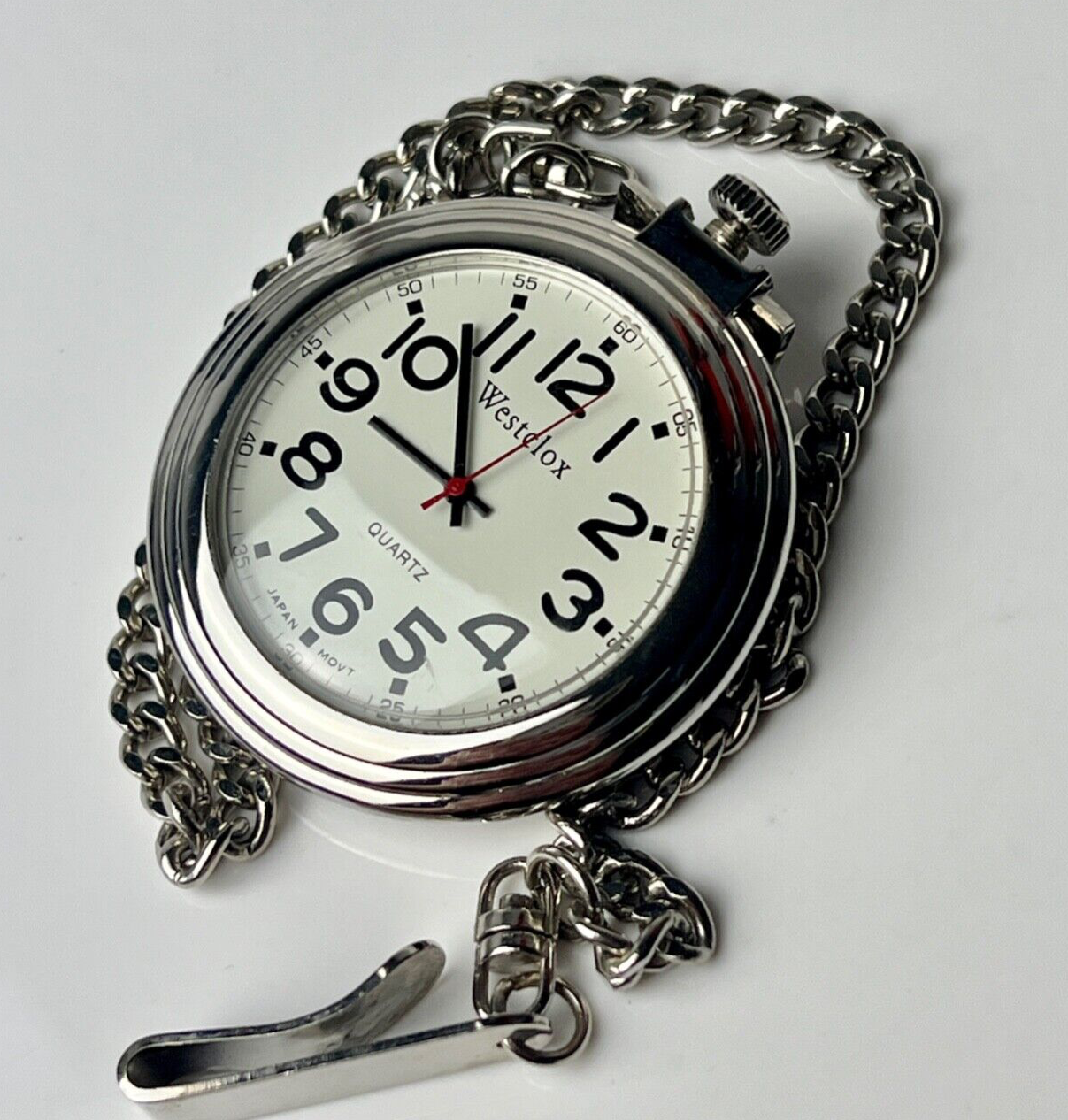 Westclox Vintage Pocket Watch and Chain Quartz Movement New Battery 46mm Case