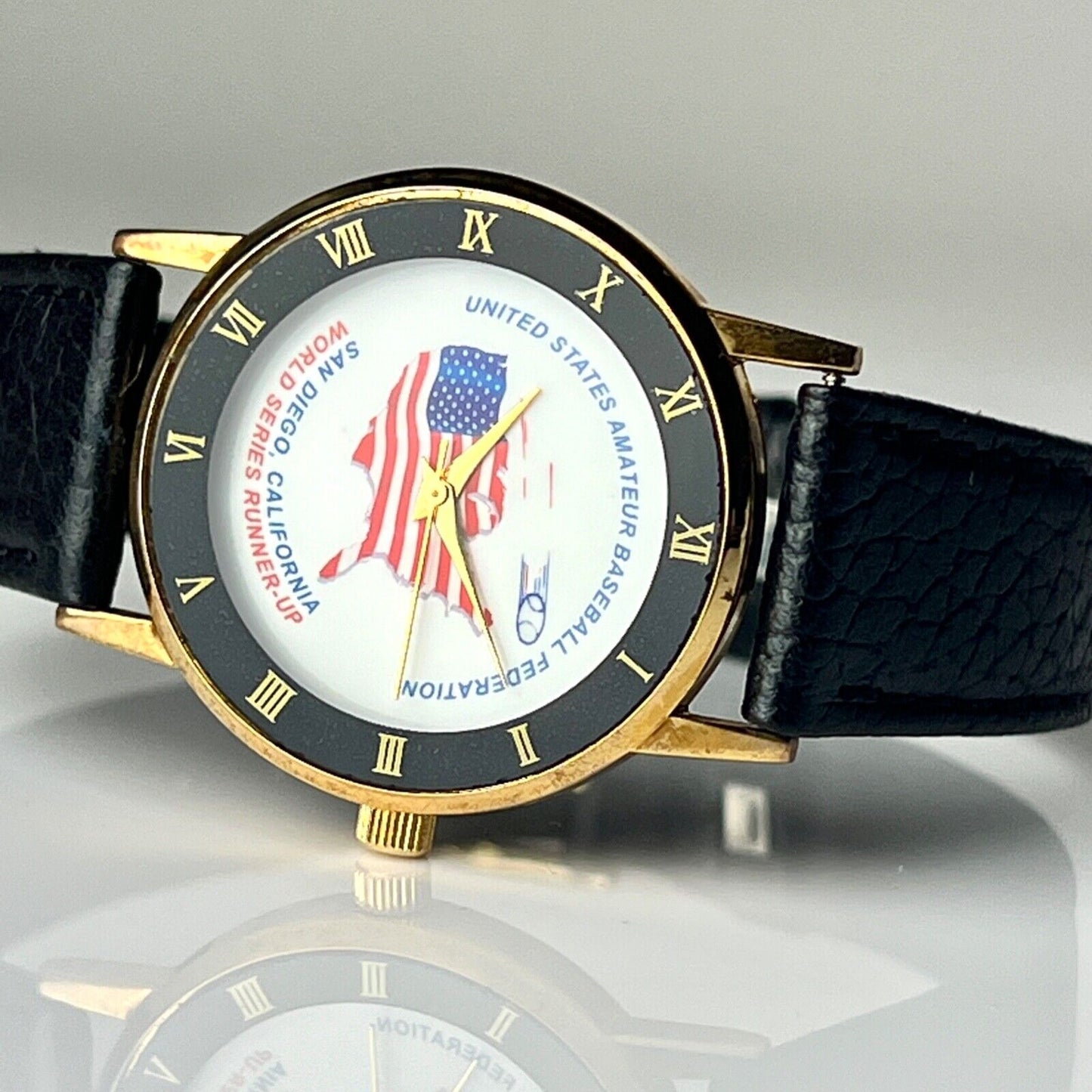 US Amateur Baseball Federation Vintage Watch Runners Up Prize Black Leather Straps Roman Bezel