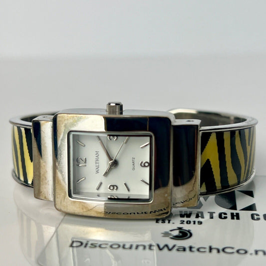 Waltham Women's Bangle Watch Black Yellow Zebra Stripe Bracelet Patinated Case