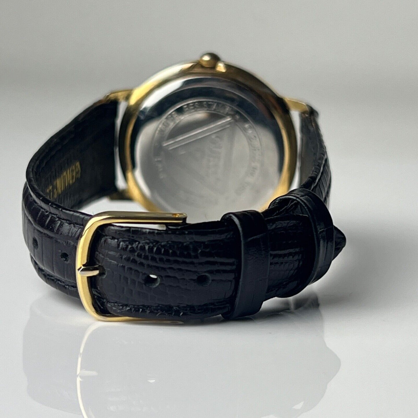 Vintage 1990s Guess Watch Unisex  Design Black Embossed Leather Bands Two Tone 34mm Case