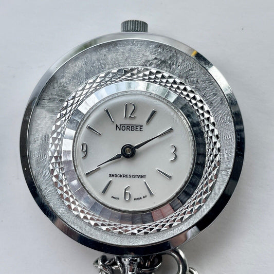 Norbee Vintage Pocket Watch Swiss Made Silver 35mm Case With Chain