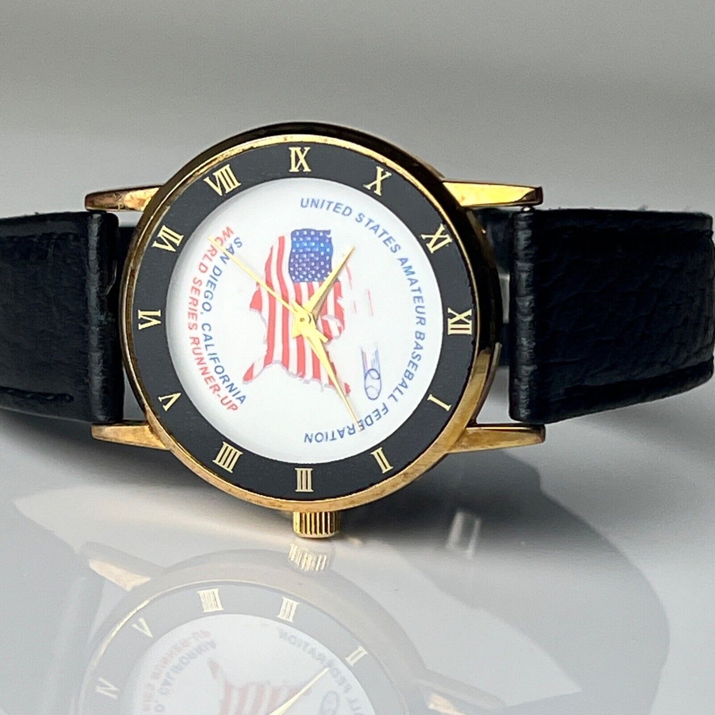 US Amateur Baseball Federation Vintage Watch Runners Up Prize Black Leather Straps Roman Bezel