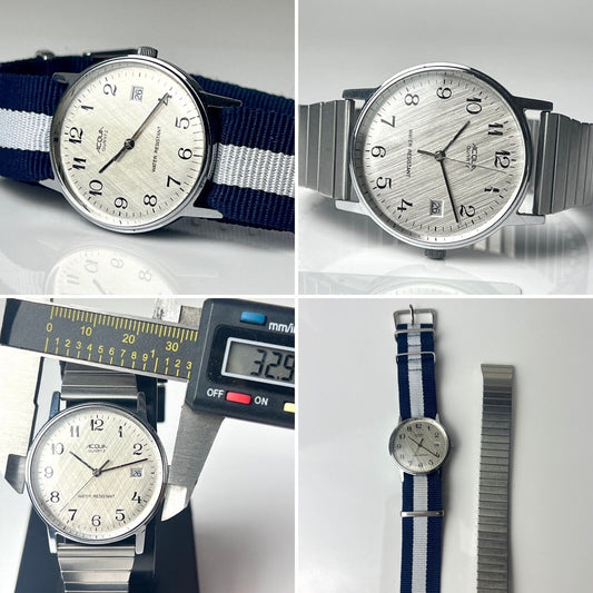 Acqua Men’s Vintage Date Watch Brushed Dial Silver Tone 33mm Case New Nato Strap & Original Bracelet