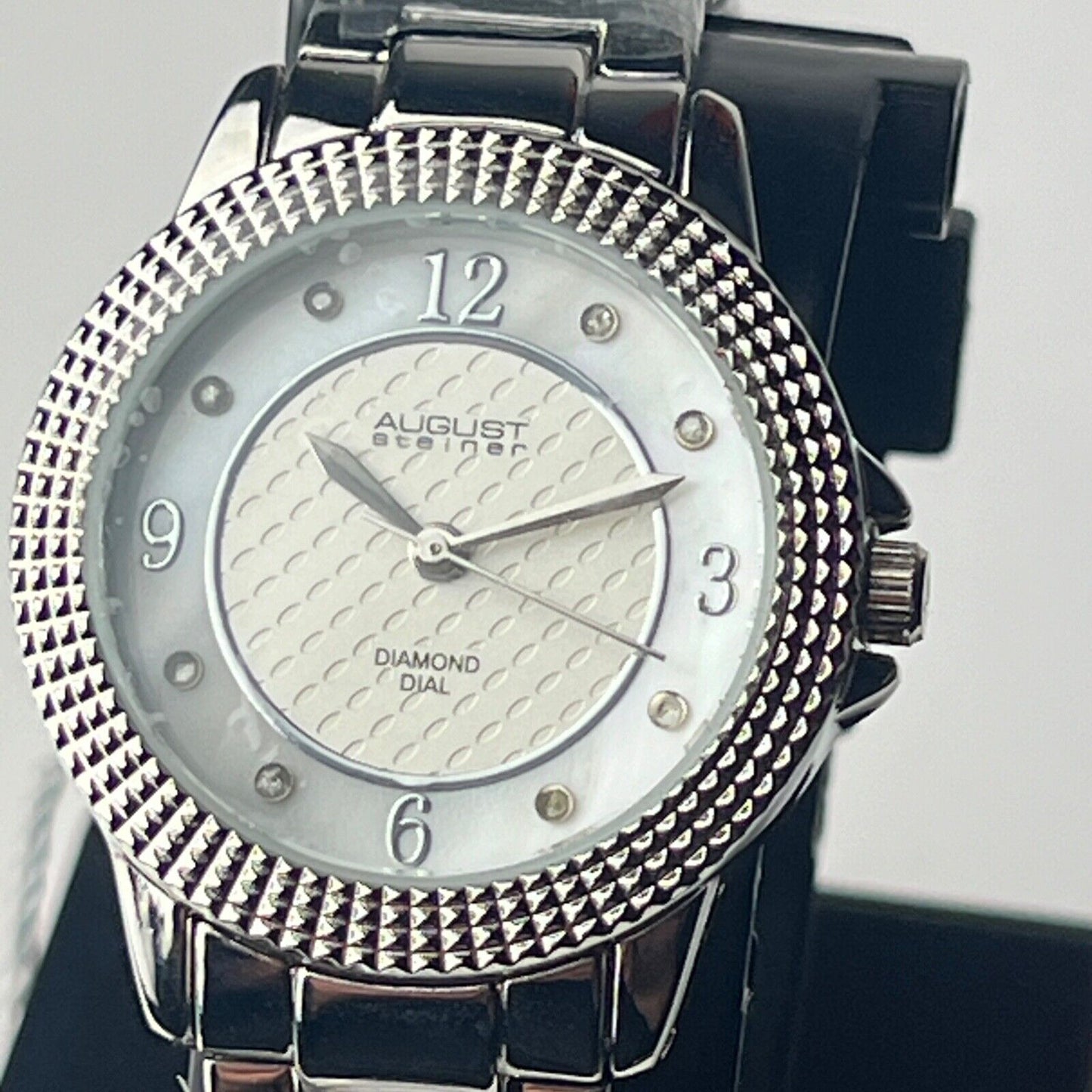 August Steiner Diamond Quartz Watch Mother of Pearl Dial Stud Beveled Bezel New