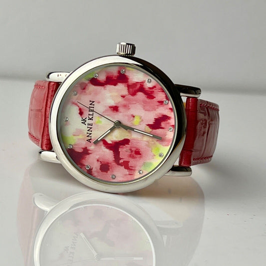 Anne Klein Floral Abstract Art Watch Genuine Leather Red Straps New Battery 36mm Case