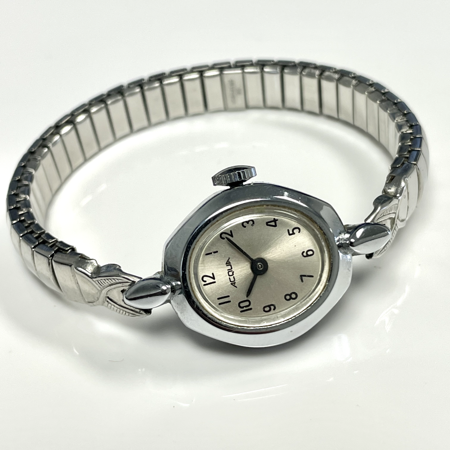 Vintage Acqua Mechanical Movement Watch Womens 17mm Case SS Flex Stretch Bracelet Project Watch