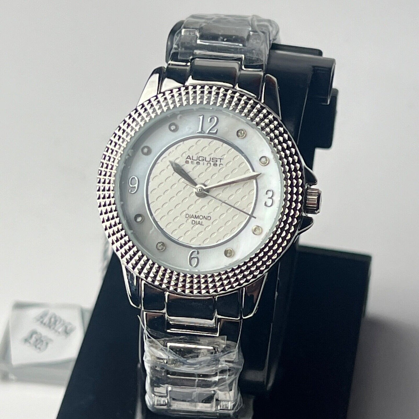 August Steiner Diamond Quartz Watch Mother of Pearl Dial Stud Beveled Bezel New