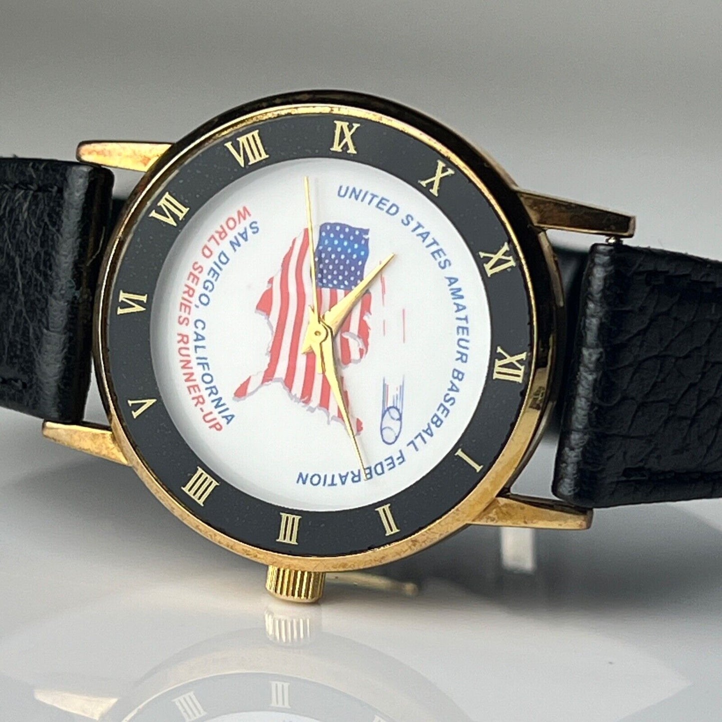 US Amateur Baseball Federation Vintage Watch Runners Up Prize Black Leather Straps Roman Bezel