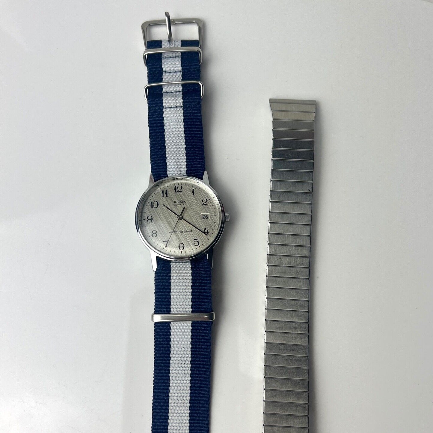 Acqua Men’s Vintage Date Watch Brushed Dial Silver Tone 33mm Case New Nato Strap & Original Bracelet