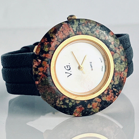 Vintage Women’s Watch Hand Painted Bezel Mother of Pearl Dial Black Leather Bands