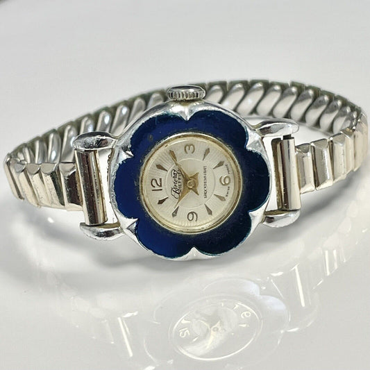 Vintage Sheffield Mechanical Watch Womens 1954 Aluminum Case Blue Floral Bezel