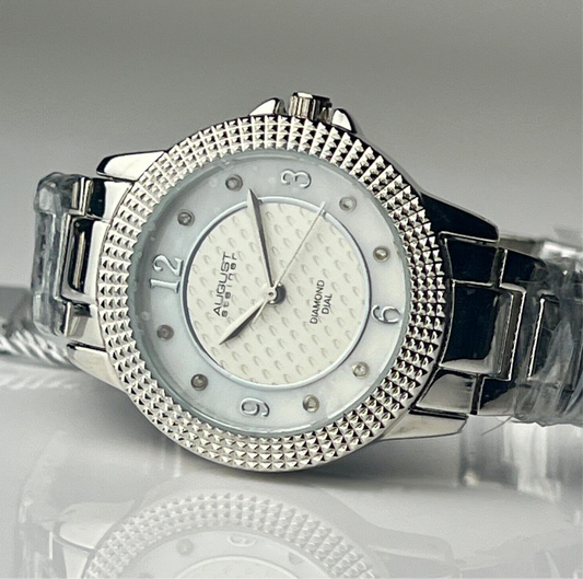 August Steiner Diamond Quartz Watch Mother of Pearl Dial Stud Beveled Bezel New