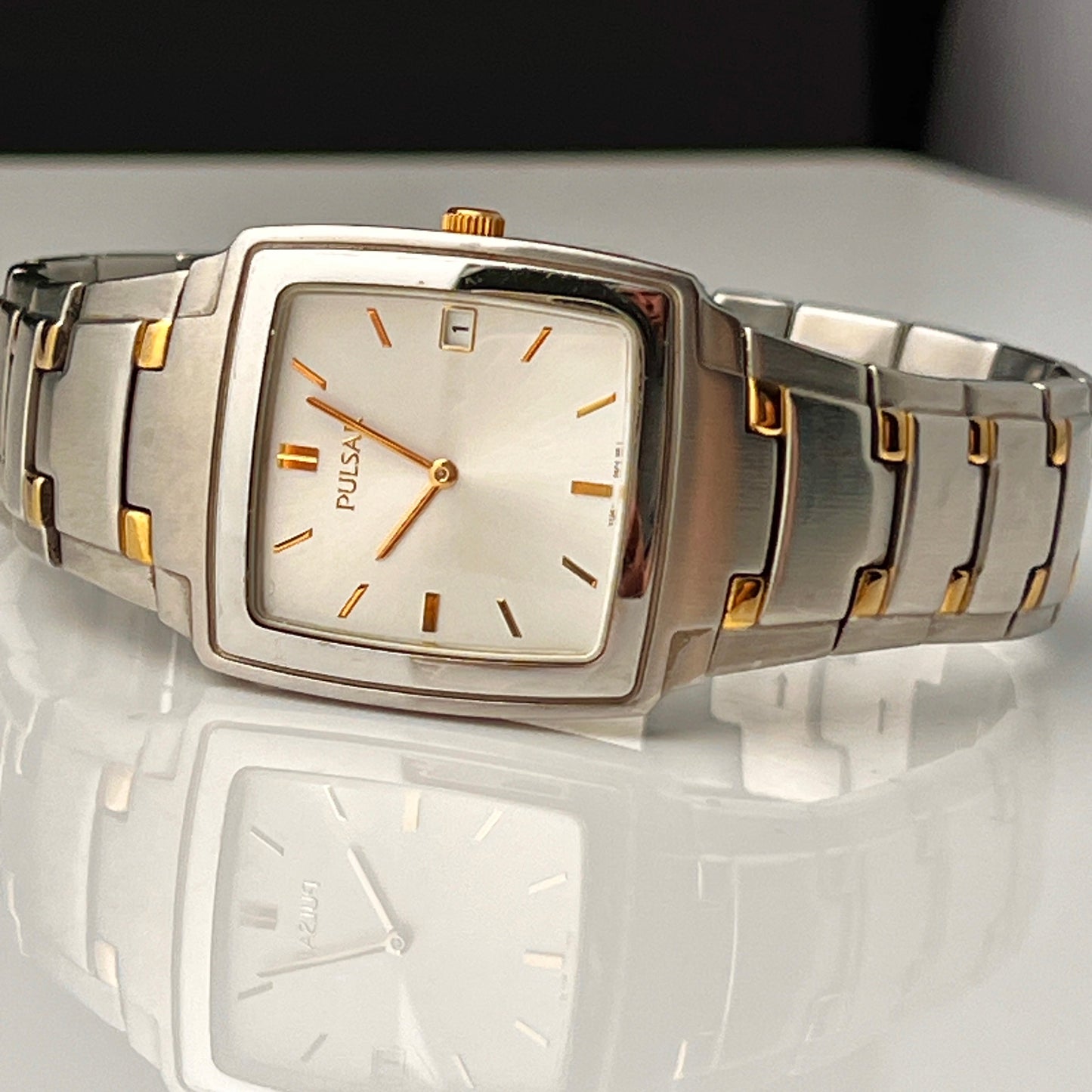 Seiko Pulsar Mens Tank Watch Two Tone Bracelet New Battery