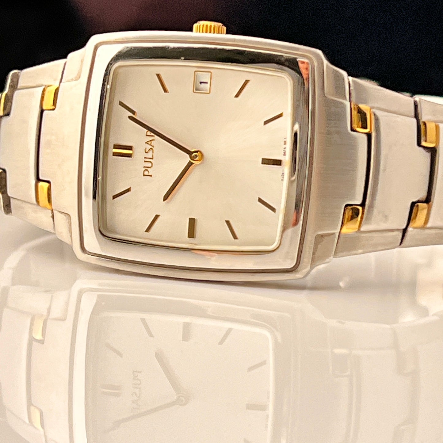 Seiko Pulsar Mens Tank Watch Two Tone Bracelet New Battery