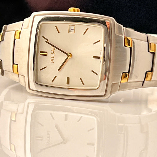 Seiko Pulsar Mens Tank Watch Two Tone Bracelet New Battery