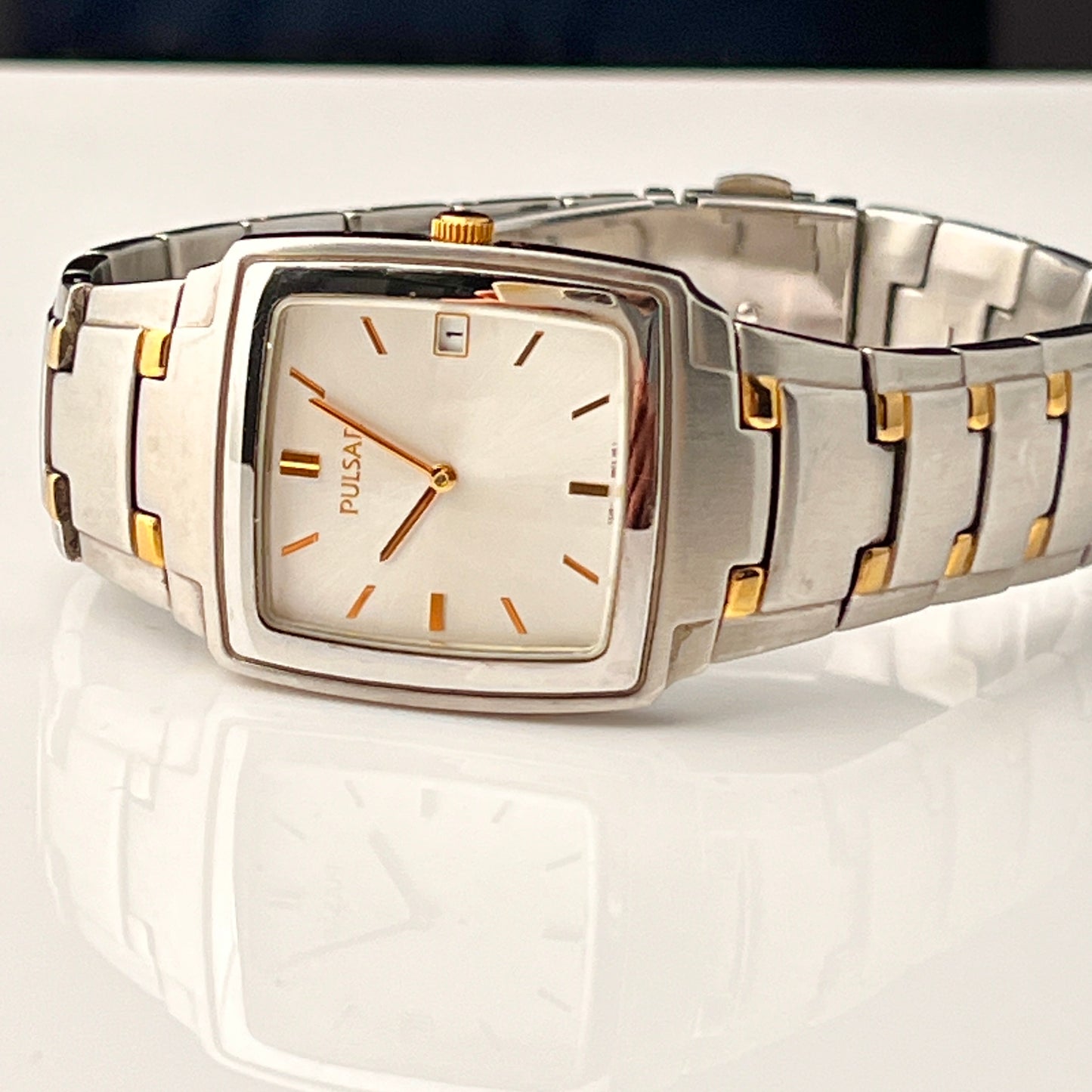 Seiko Pulsar Mens Tank Watch Two Tone Bracelet New Battery