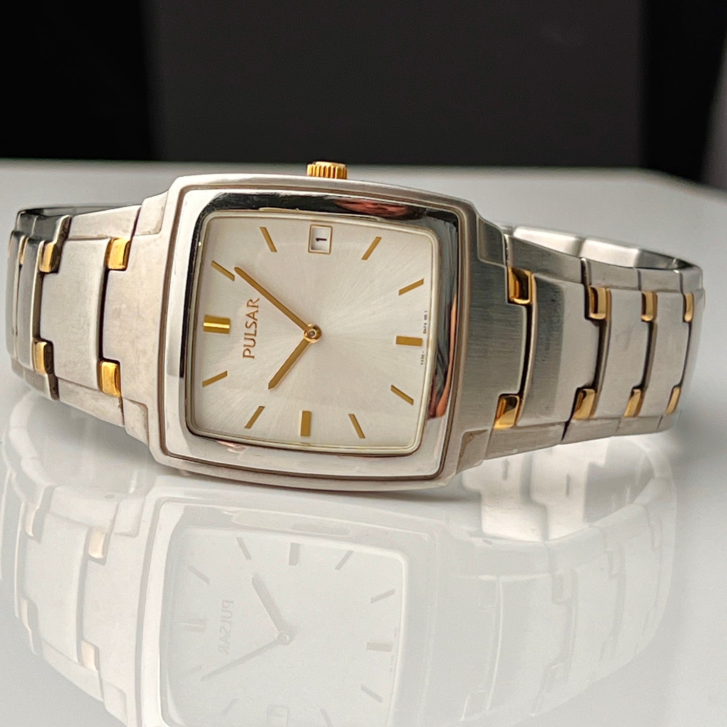 Seiko Pulsar Mens Tank Watch Two Tone Bracelet New Battery