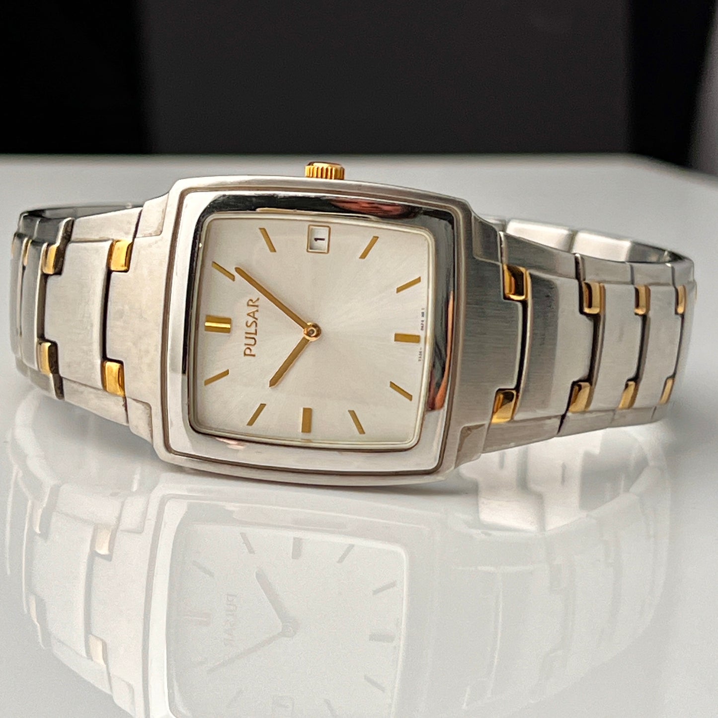 Seiko Pulsar Mens Tank Watch Two Tone Bracelet New Battery