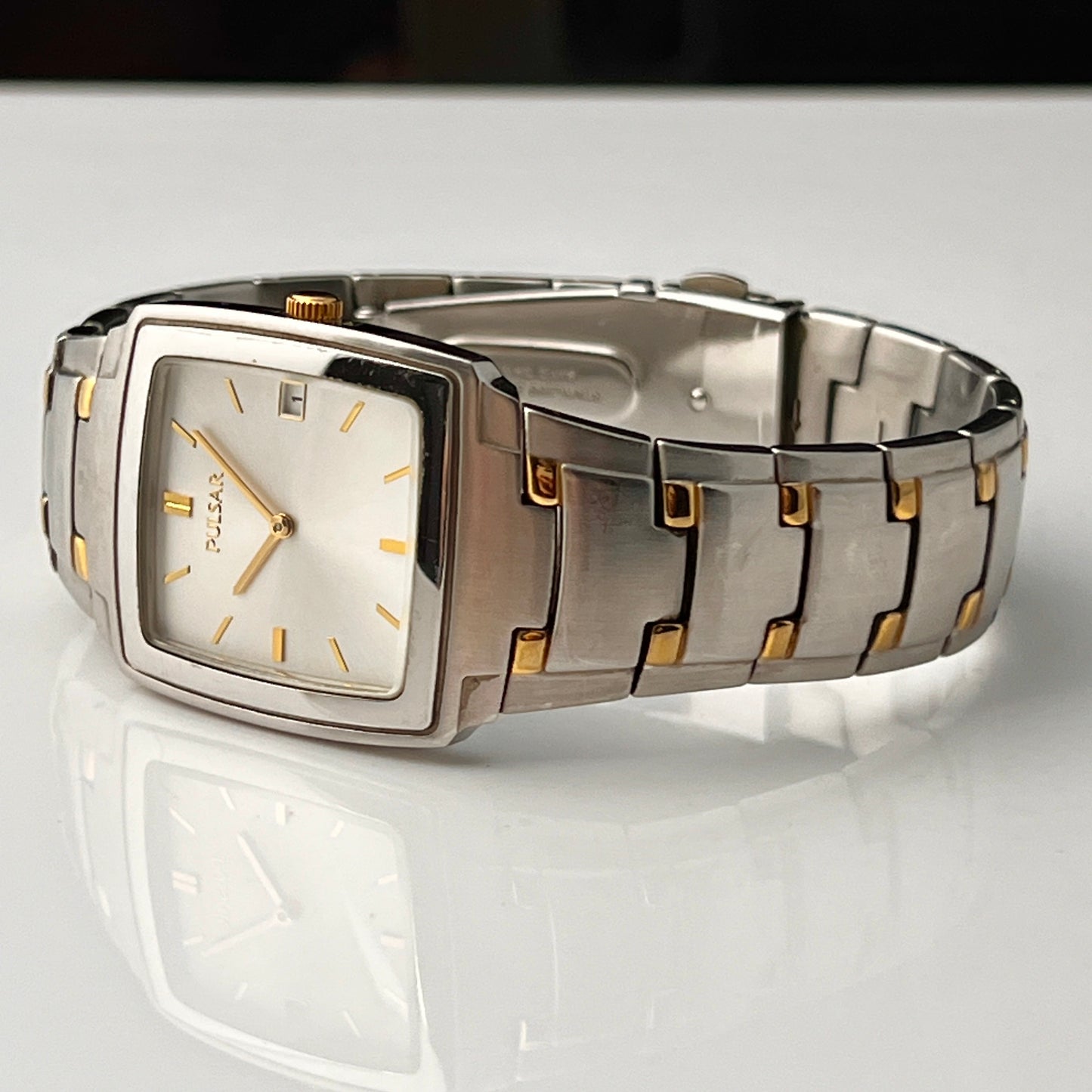 Seiko Pulsar Mens Tank Watch Two Tone Bracelet New Battery